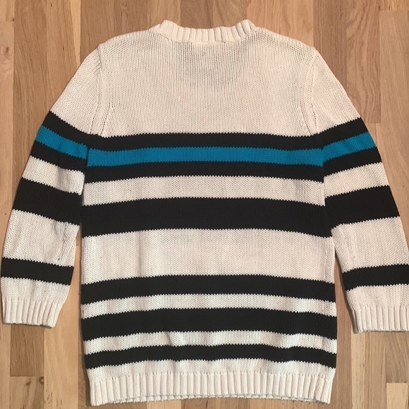 𝅺LOFT Cable-knit 3/4 Length Sleeve Sweater Cream/Black/Teal Striped Women’s M - Picture 8 of 8